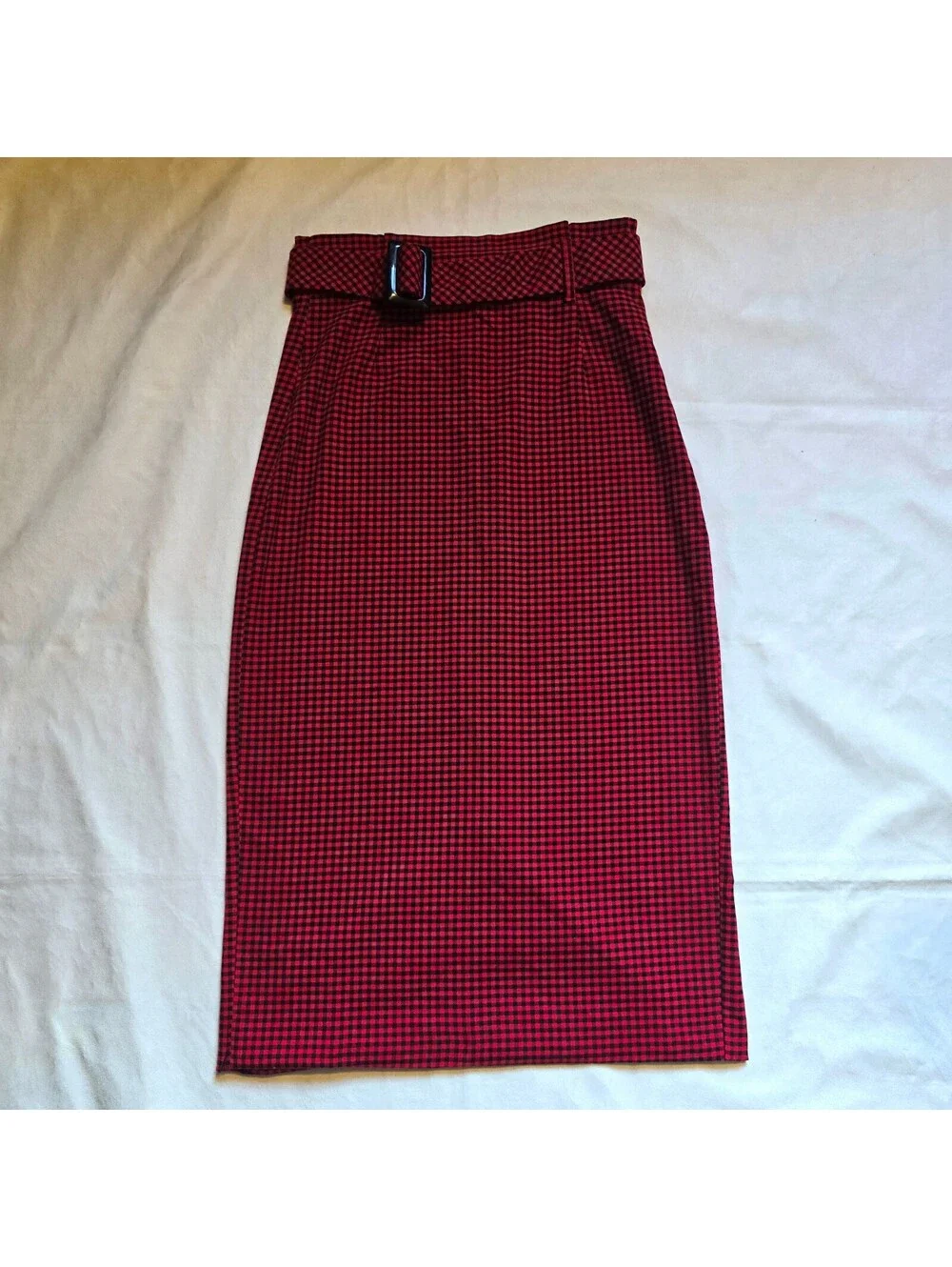 Zara TRF Collection Red and Black Checkered Pencil Skirt with Front Buttons